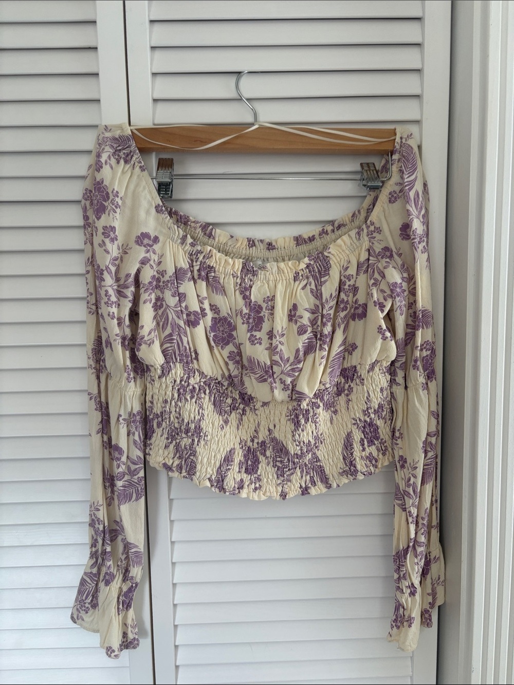 Cream Floral Off-Shoulder Smocked Blouse with Purple Print